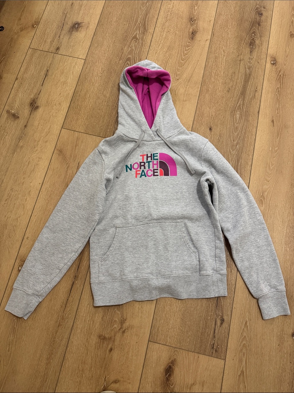 The North Face Light Gray Hoodie with Pink Hood and Logo